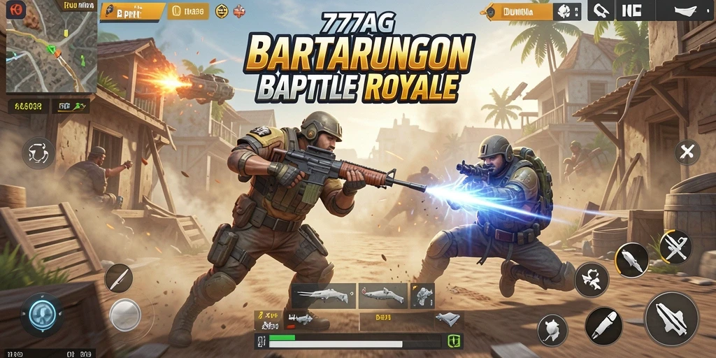 Screenshot menampilkan pertarungan intens dalam gameplay Battle Royale.