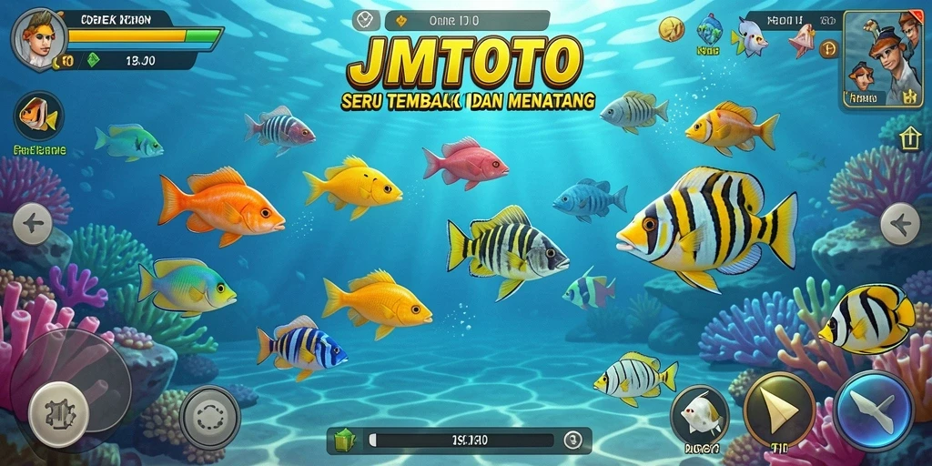 Tampilan gameplay seru JMTOTO saat menembak ikan yang berwarna-warni.