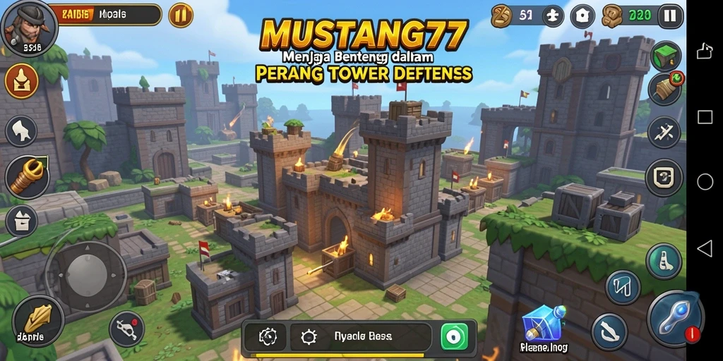 Tampilan gameplay MUSTANG77 yang menegangkan dalam pertahanan Tower Defense.