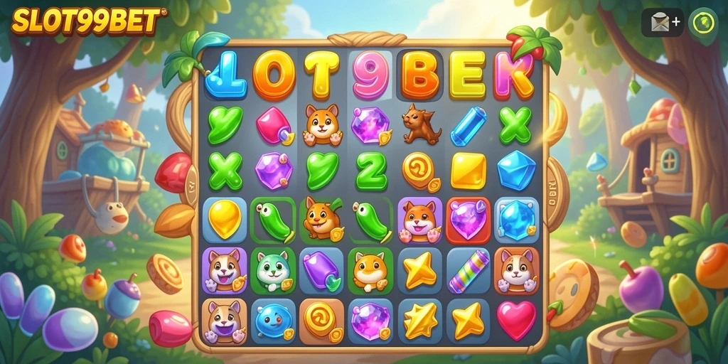 Tampilan gameplay <strong>SLOT99BET</strong> yang menarik dengan kombinasi Match-3 yang seru.